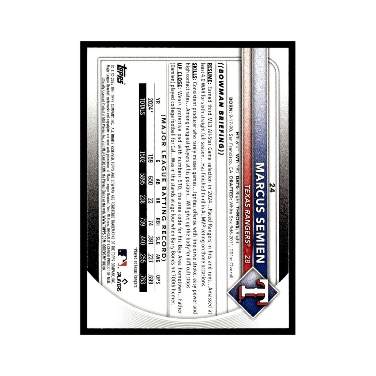 2025 Bowman Marcus Semien Rangers #24