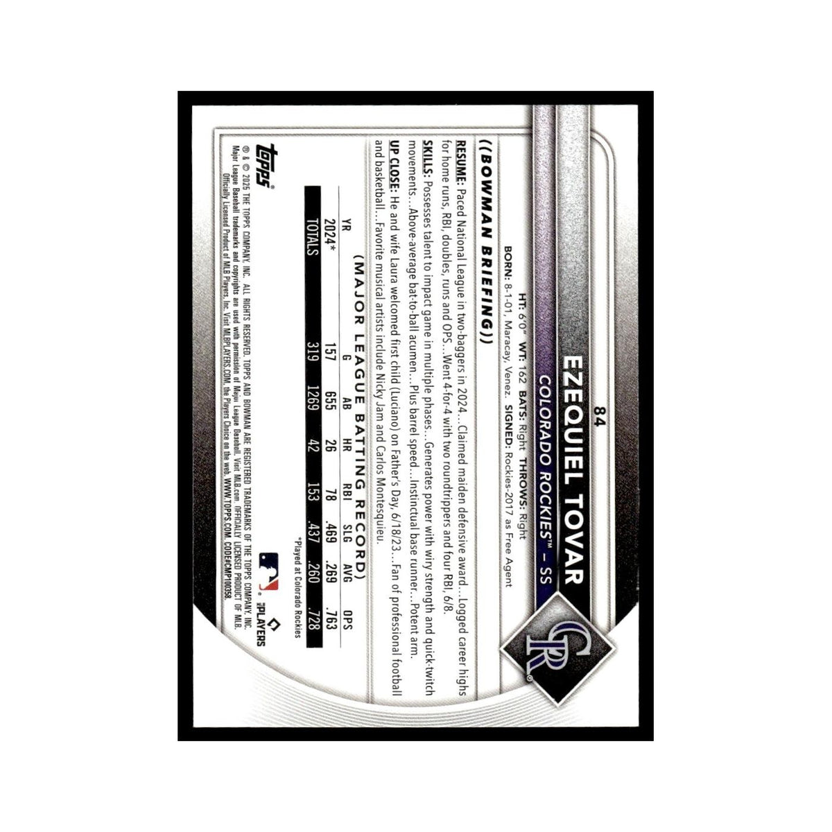 2025 Bowman Ezequiel Tovar Rockies #84