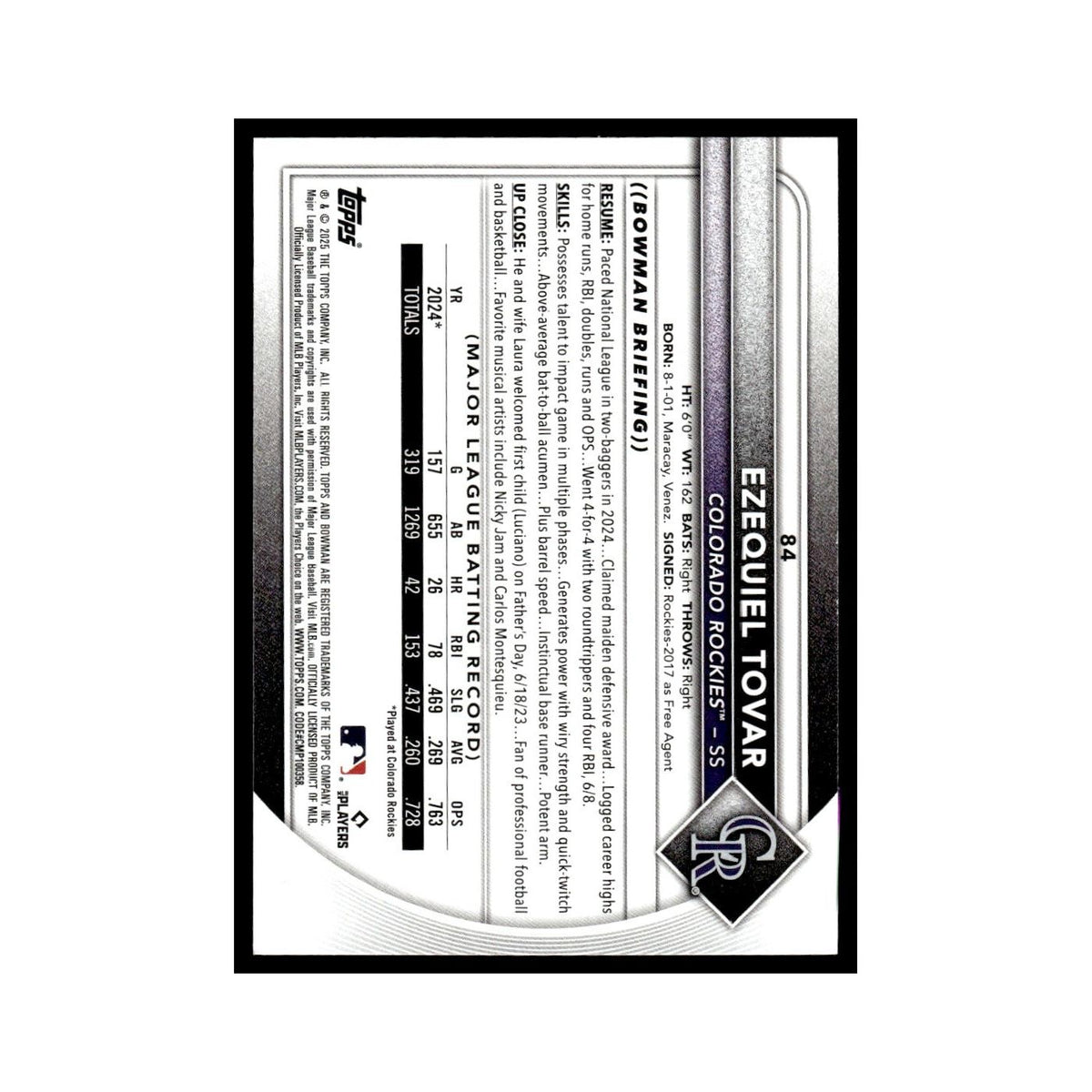 2025 Bowman Ezequiel Tovar Rockies #84