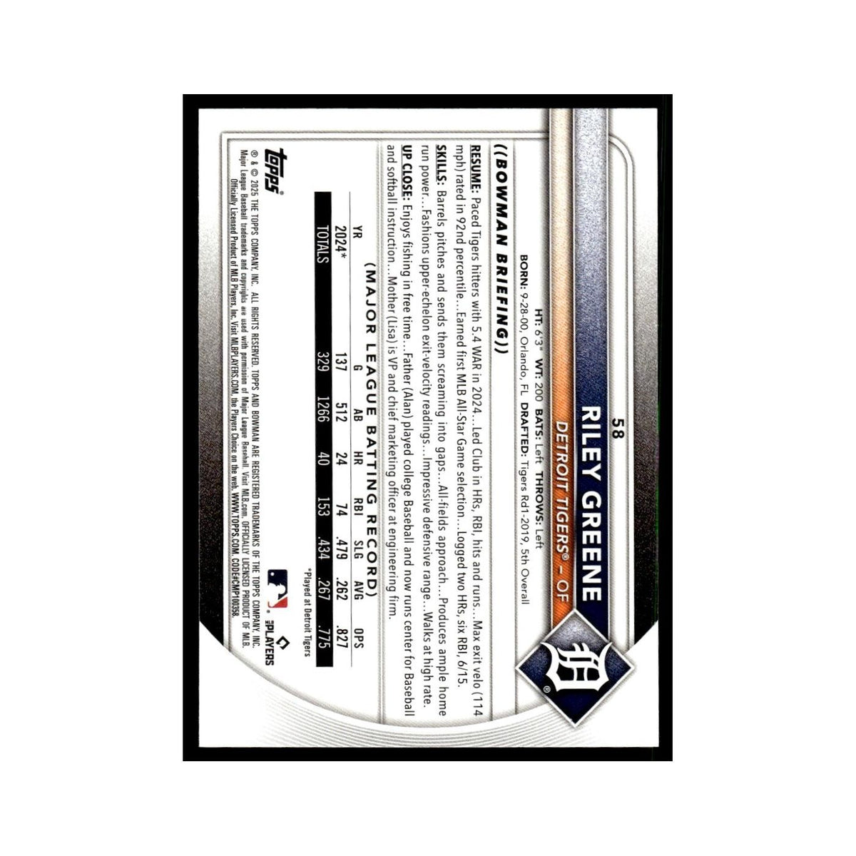 2025 Bowman Riley Greene Tigers #58