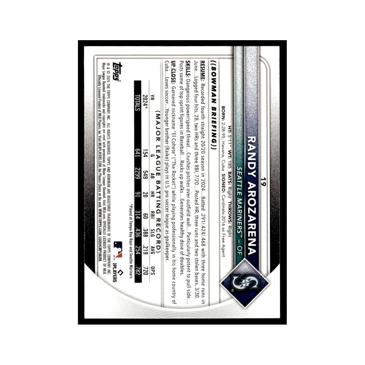 2025 Bowman Randy Arozarena Mariners #19
