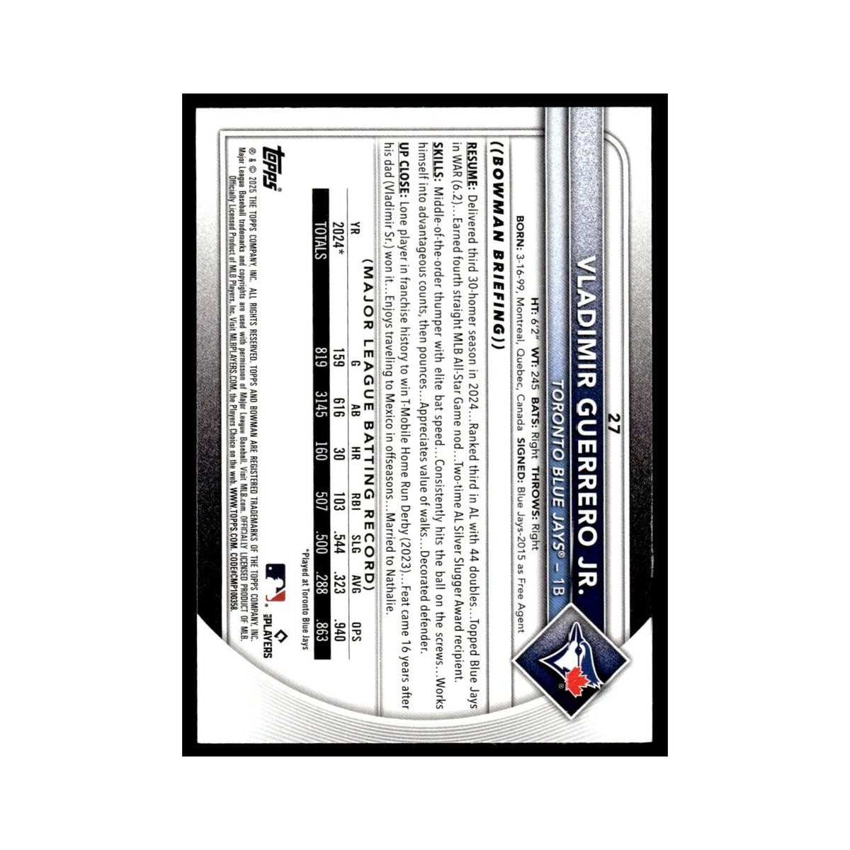 2025 Bowman Vladimir Guerrero Jr. Blue Jays #27