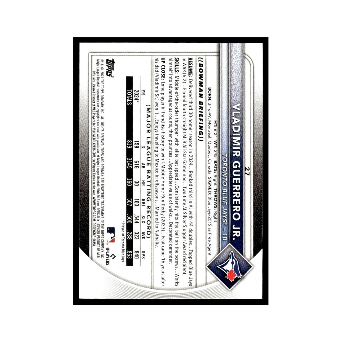 2025 Bowman Vladimir Guerrero Jr. Blue Jays #27