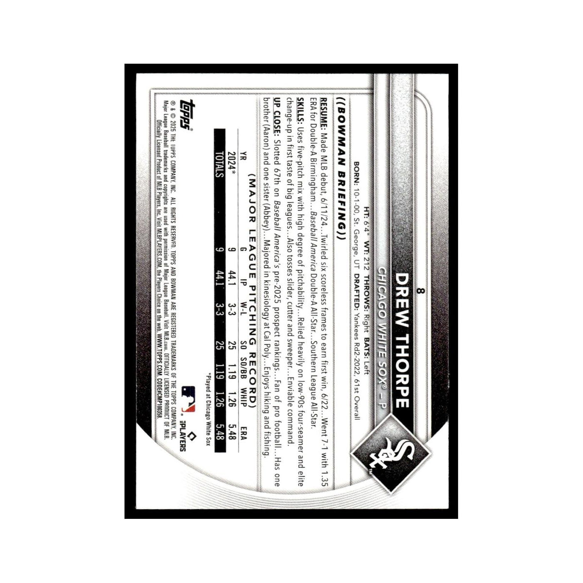 2025 Bowman Drew Thorpe RC White Sox #8