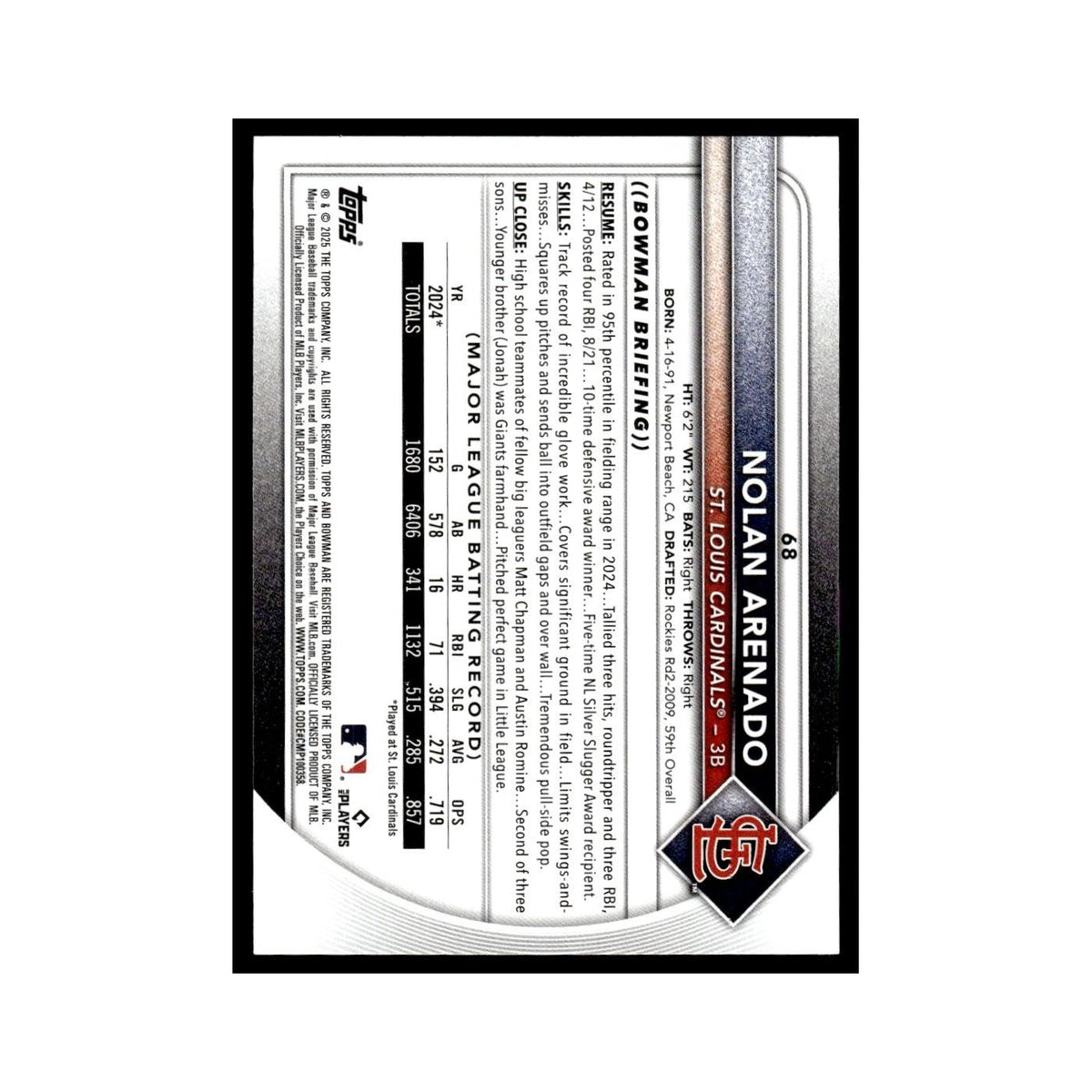 2025 Bowman Nolan Arenado Cardinals #68