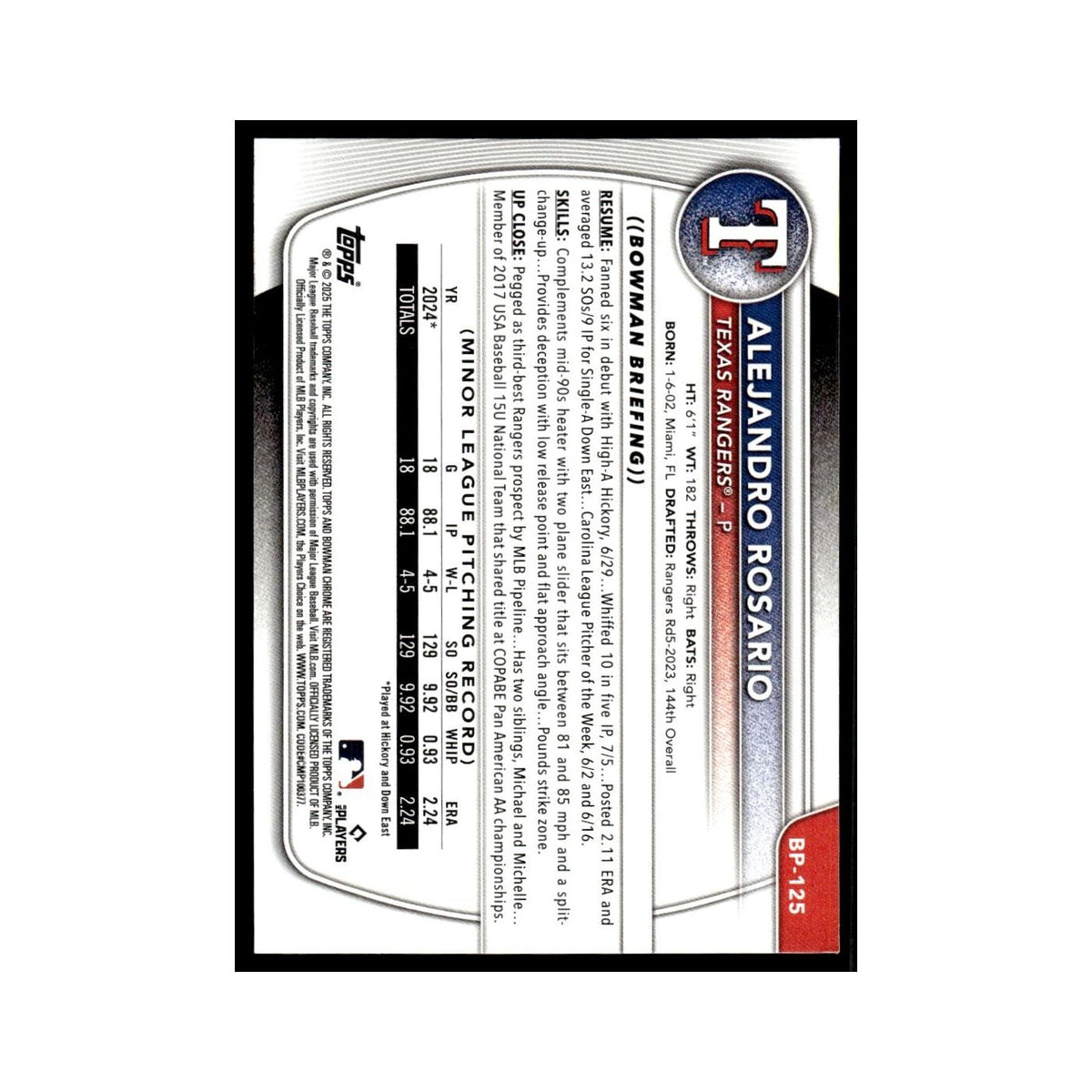2025 Bowman Prospects Alejandro Rosario Rangers #BP-125