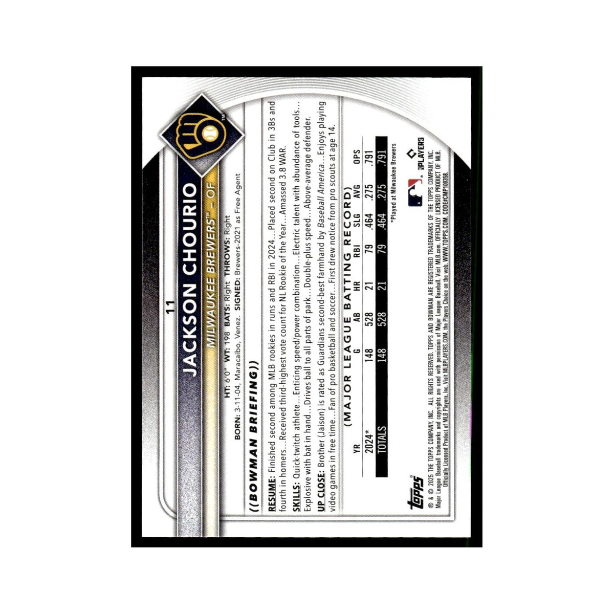 2025 Bowman Jackson Chourio Brewers #11