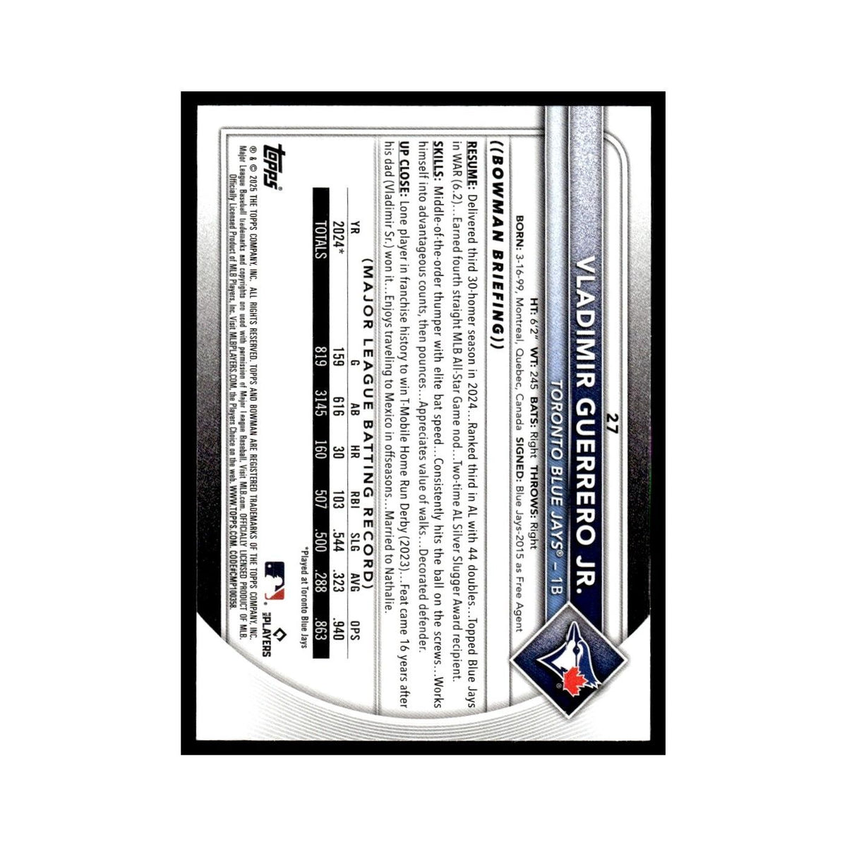 2025 Bowman Vladimir Guerrero Jr. Blue Jays #27