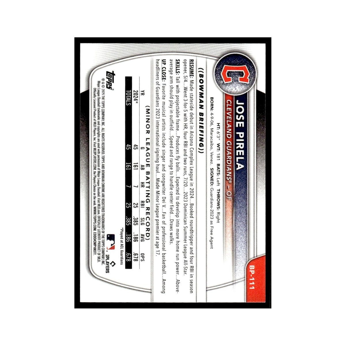 2025 Bowman Prospects Jose Pirela Guardians #BP-111