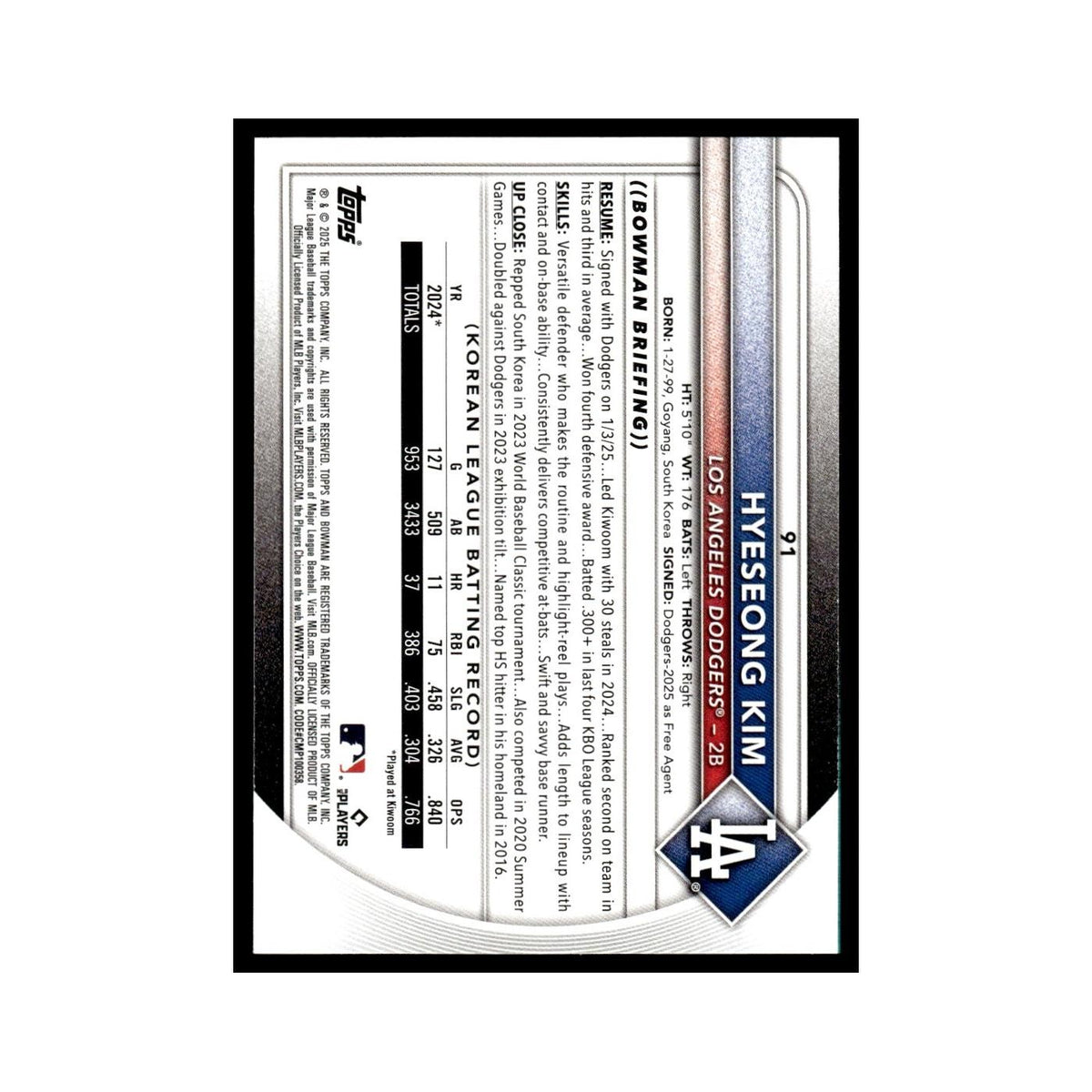 2025 Bowman Hyeseong Kim RC Dodgers #91