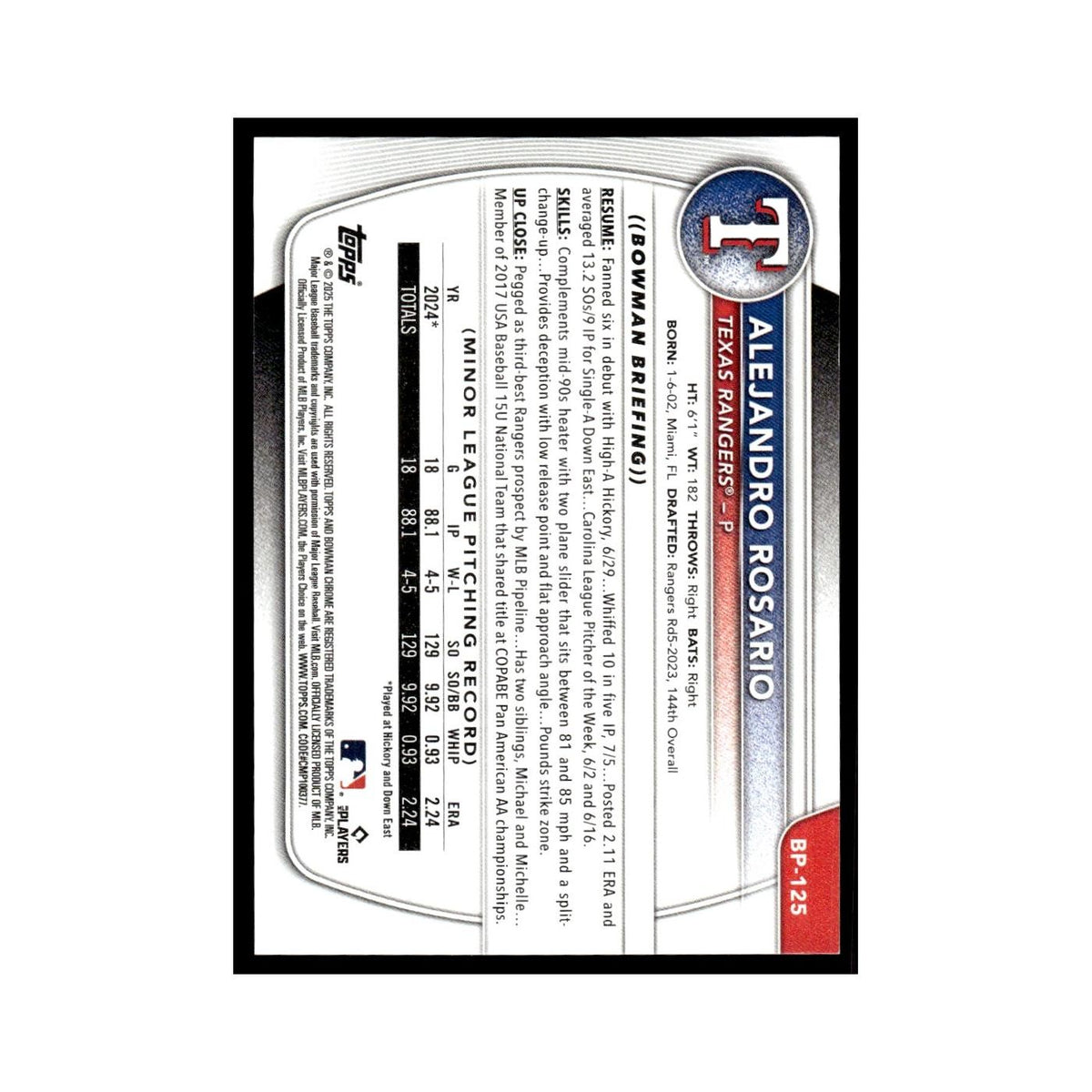 2025 Bowman Prospects Alejandro Rosario Rangers #BP-125