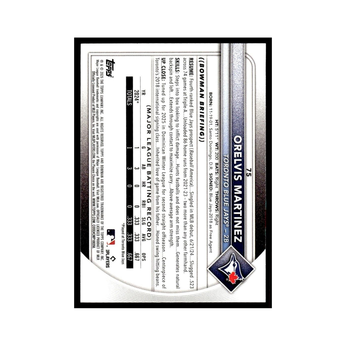 2025 Bowman Orelvis Martinez RC Blue Jays #75