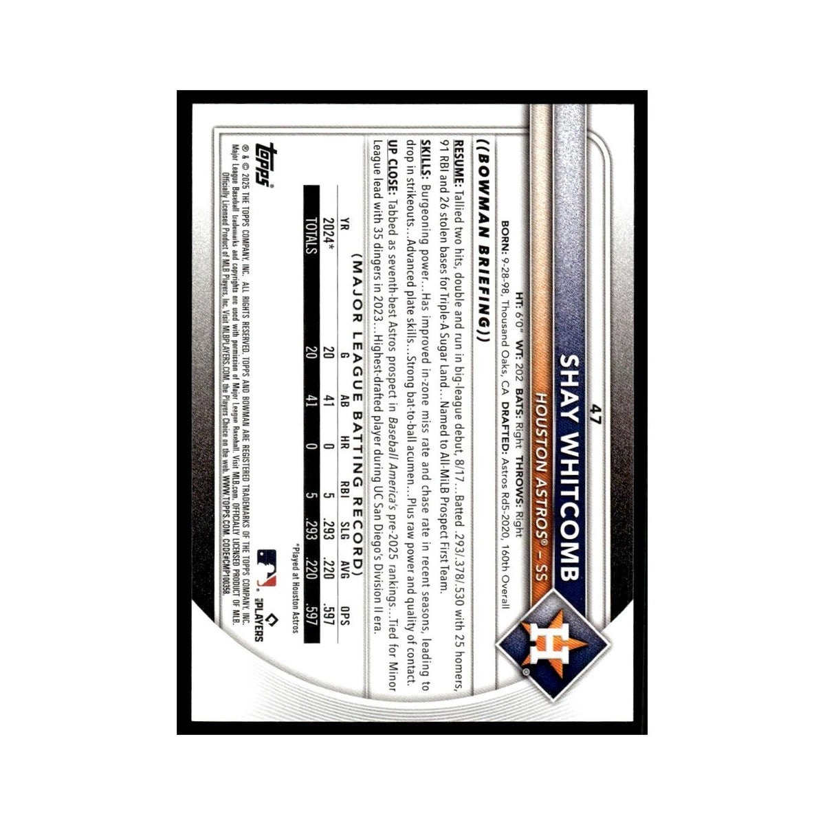 2025 Bowman Shay Whitcomb RC Astros #47
