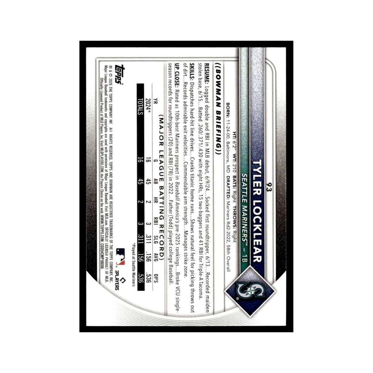 2025 Bowman Tyler Locklear RC Mariners #93
