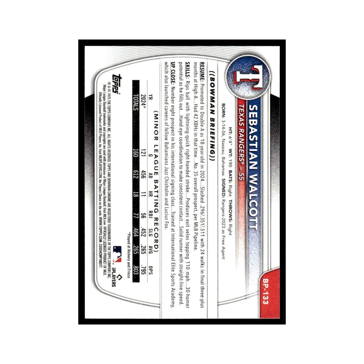 2025 Bowman Prospects Sebastian Walcott Rangers #BP-133