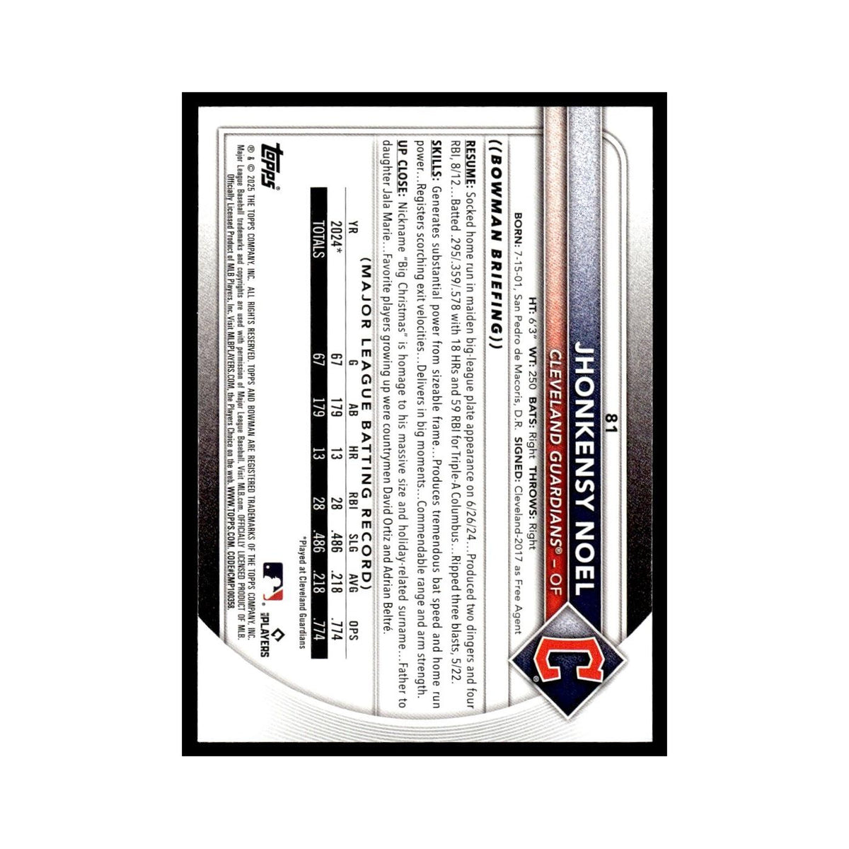 2025 Bowman Jhonkensy Noel RC Guardians #81