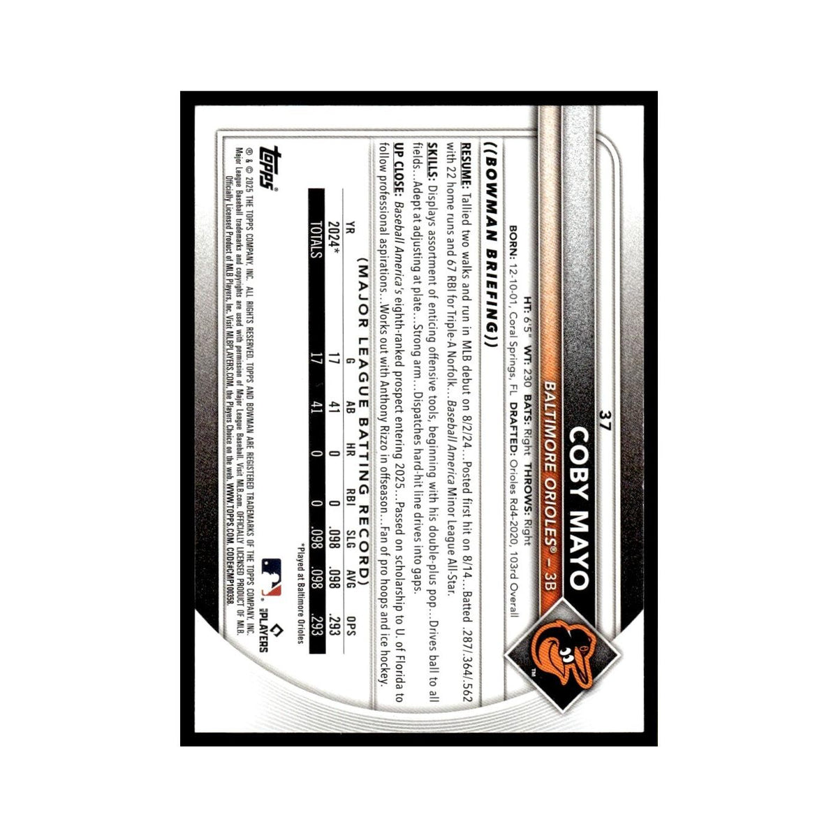 2025 Bowman Coby Mayo RC Orioles #37