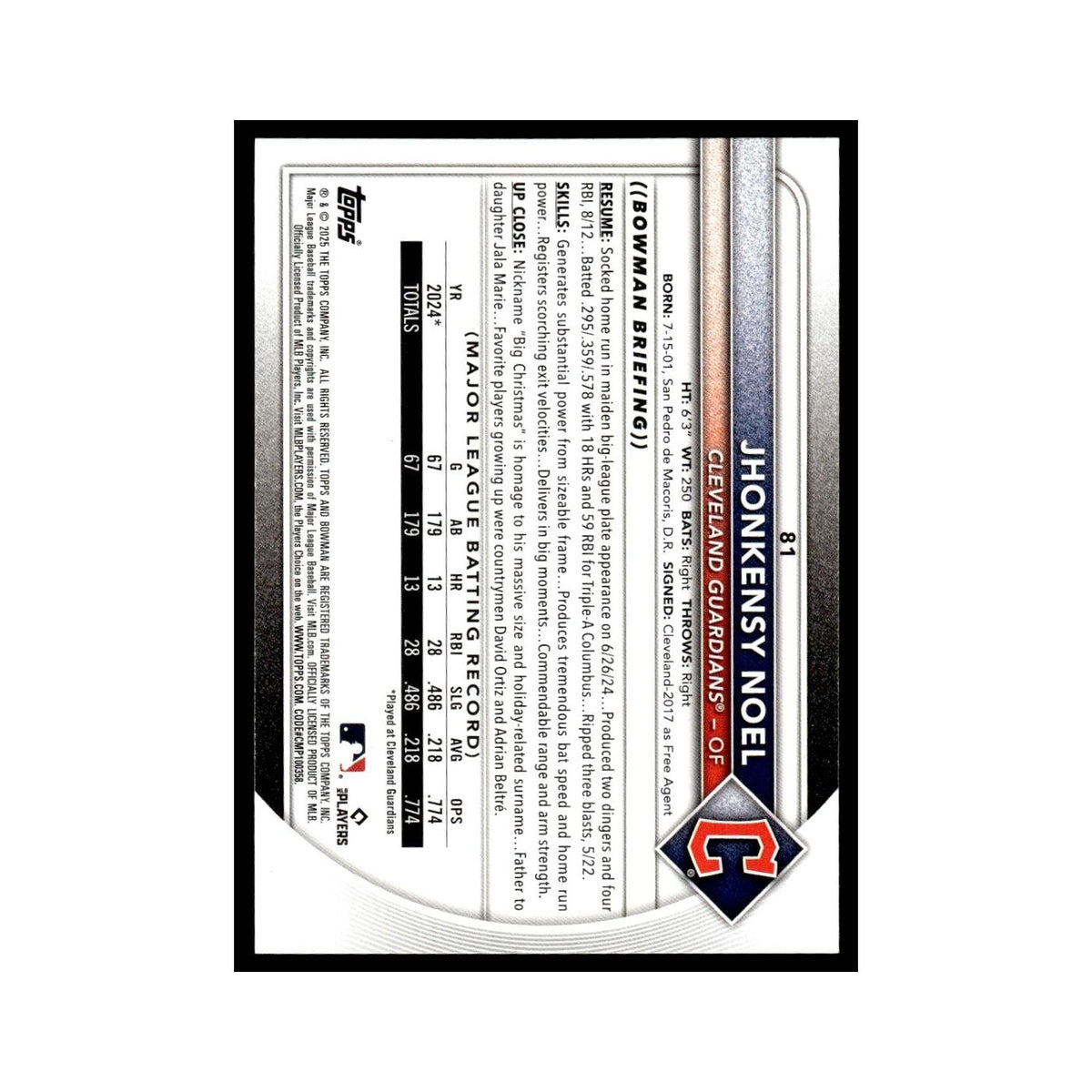 2025 Bowman Jhonkensy Noel RC Guardians #81