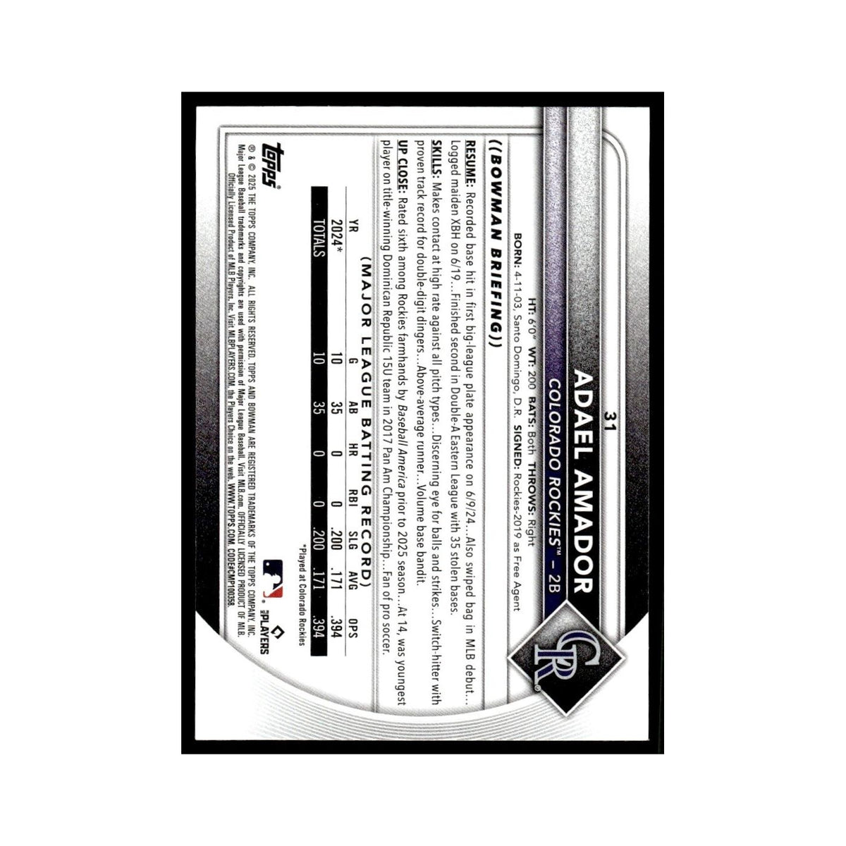 2025 Bowman Adael Amador RC Rockies #31