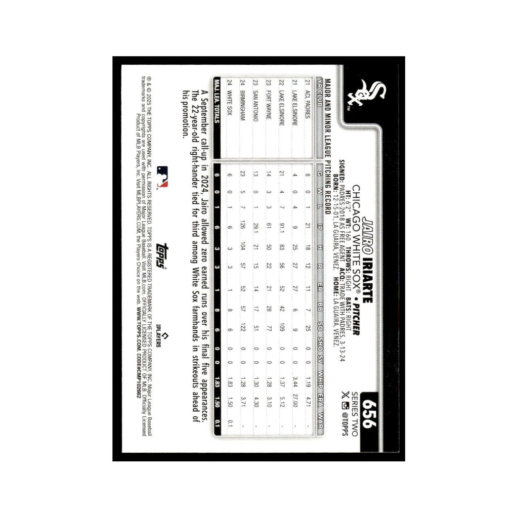 2025 Topps Jairo Iriarte RC White Sox #656