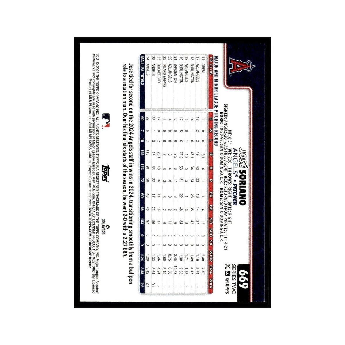 2025 Topps Jose Soriano Angels #669