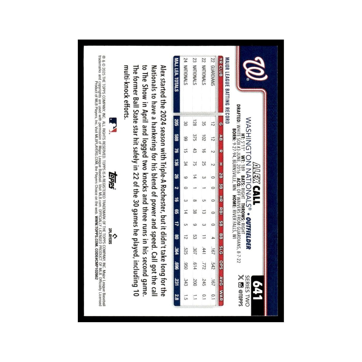 2025 Topps Alex Call Nationals #641