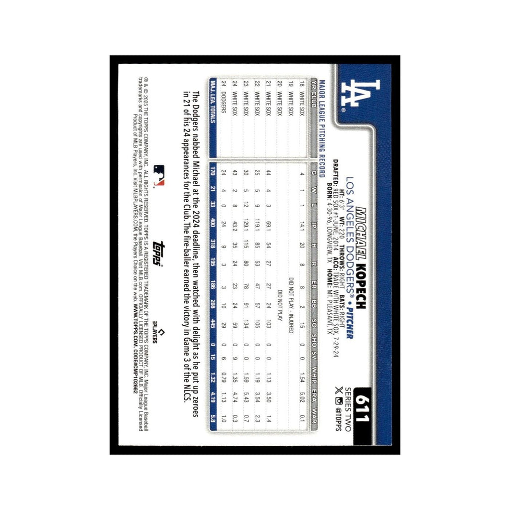 2025 Topps Michael Kopech Dodgers #611
