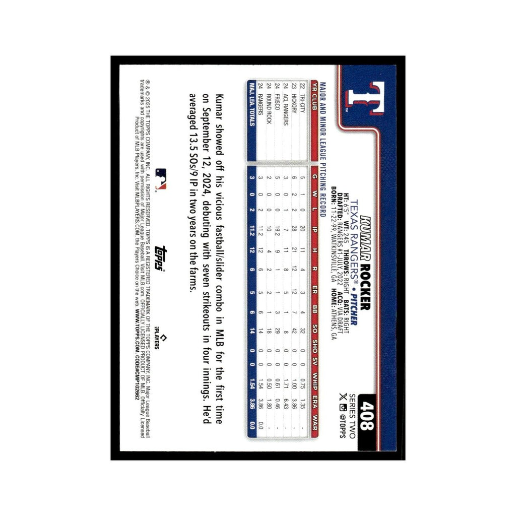 2025 Topps Kumar Rocker RC Rangers #408