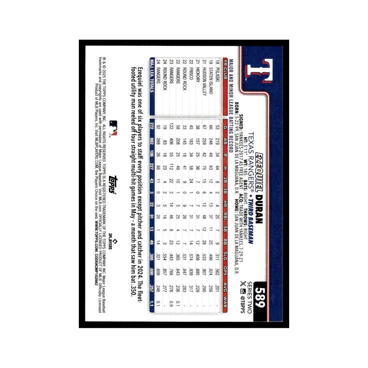 2025 Topps Ezequiel Duran Rangers #589