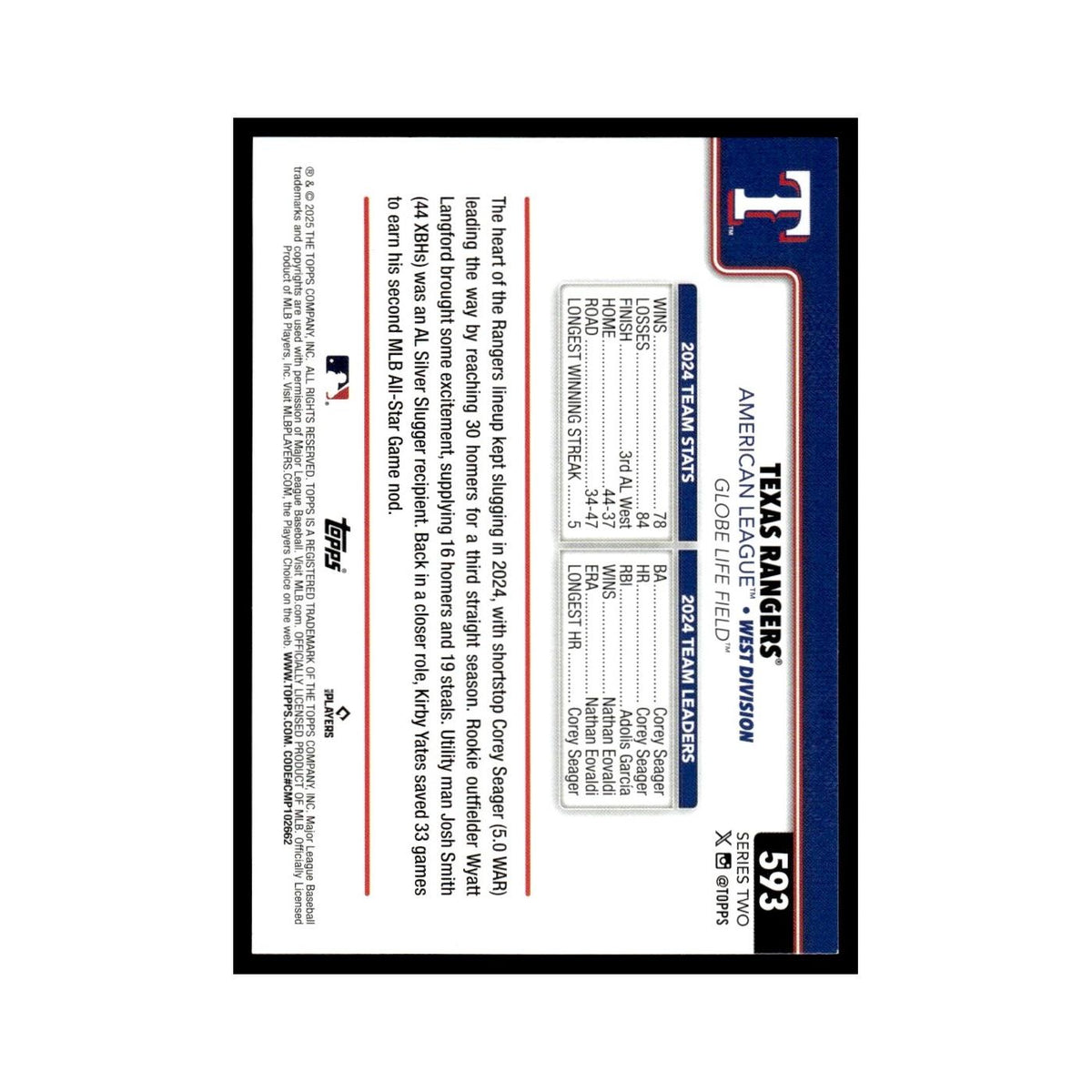 2025 Topps Texas Rangers Rangers #593