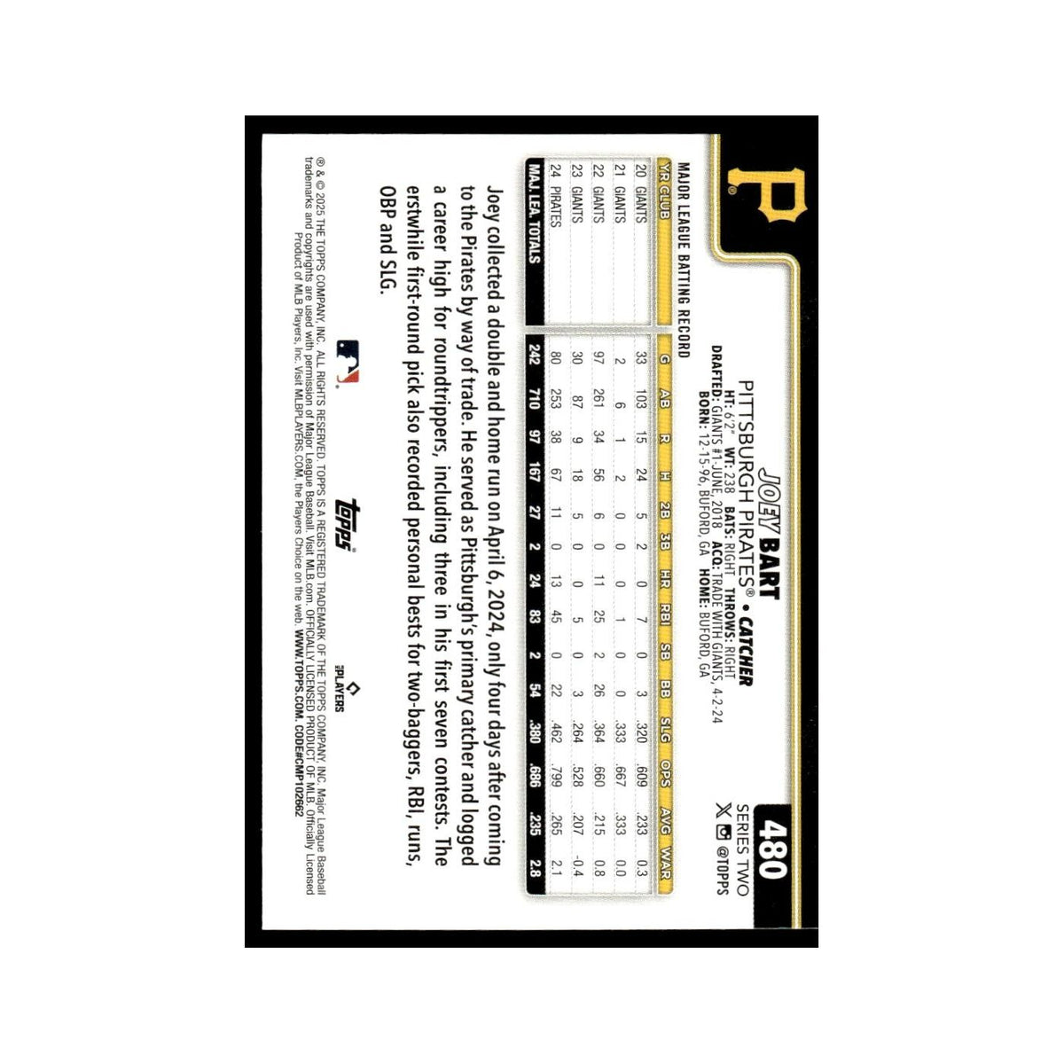 2025 Topps Joey Bart Pirates #480