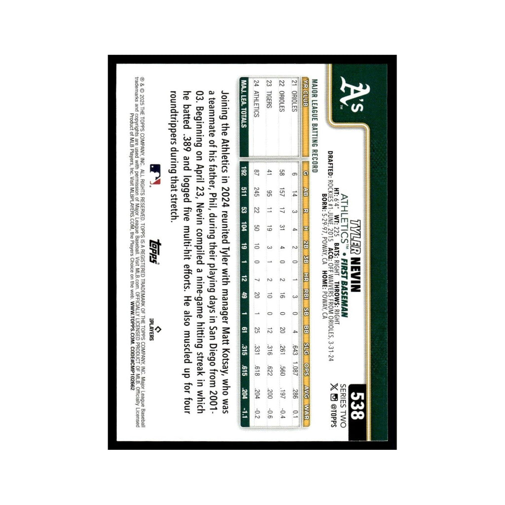 2025 Topps Tyler Nevin Athletics #538