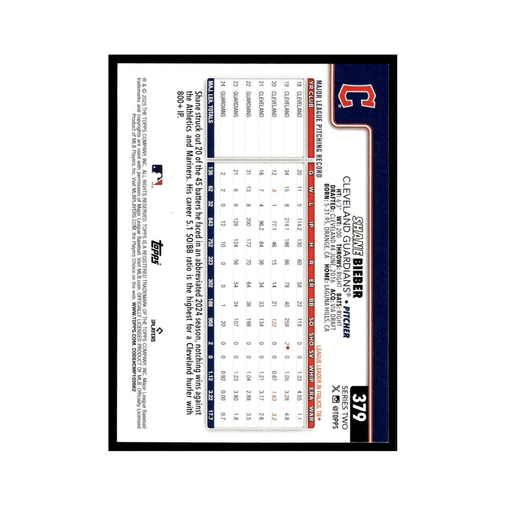 2025 Topps Shane Bieber Guardians #379