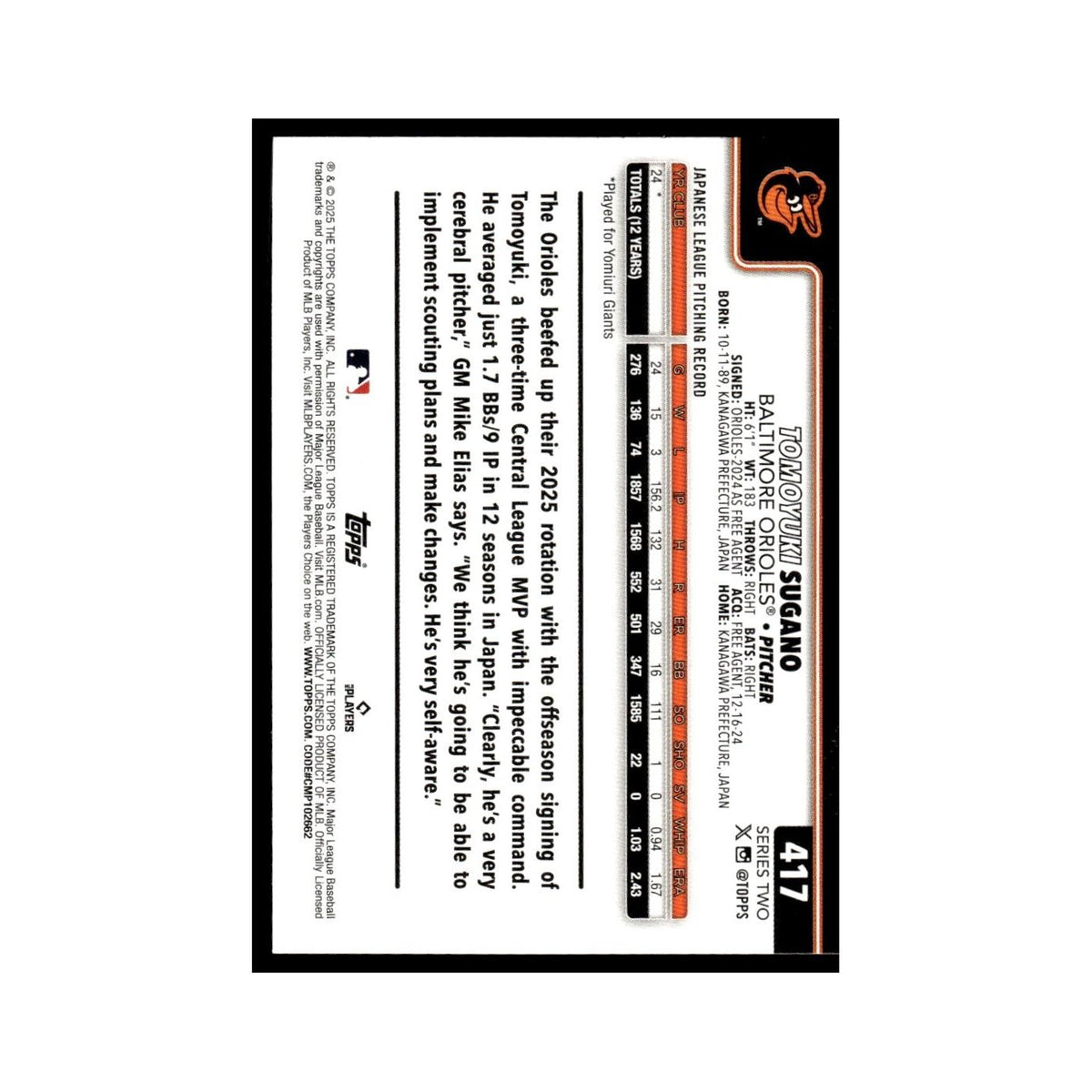 2025 Topps Tomoyuki Sugano RC Orioles #417