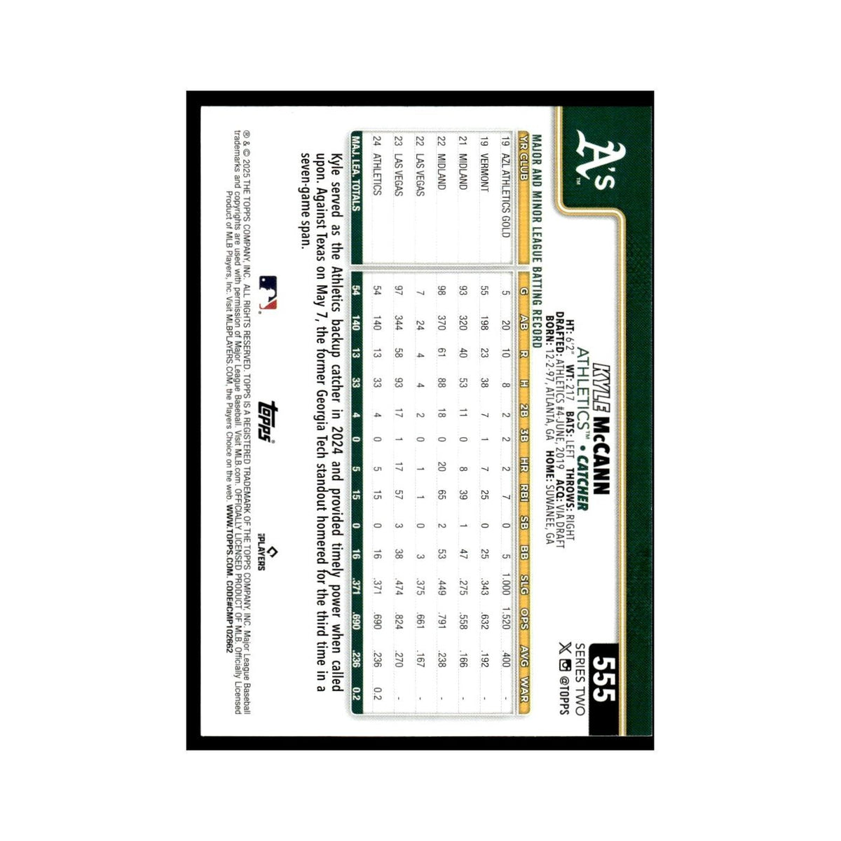 2025 Topps Kyle McCann Athletics #555