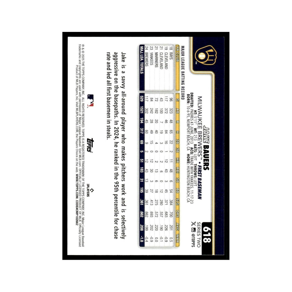 2025 Topps Jake Bauers Brewers #618