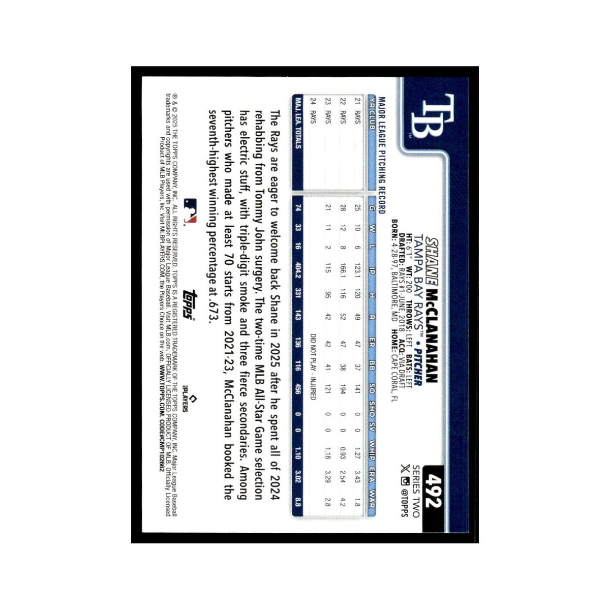 2025 Topps Shane McClanahan Rays #492