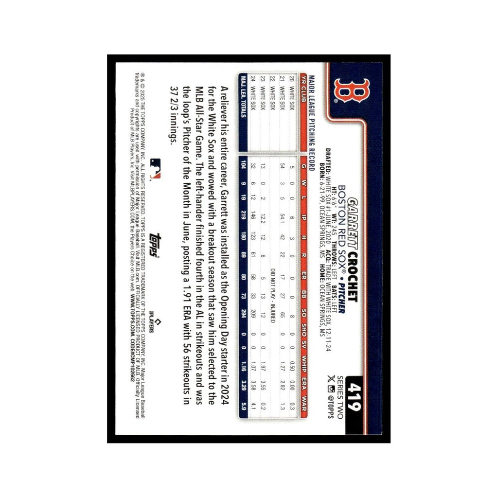 2025 Topps Garrett Crochet Red Sox #419