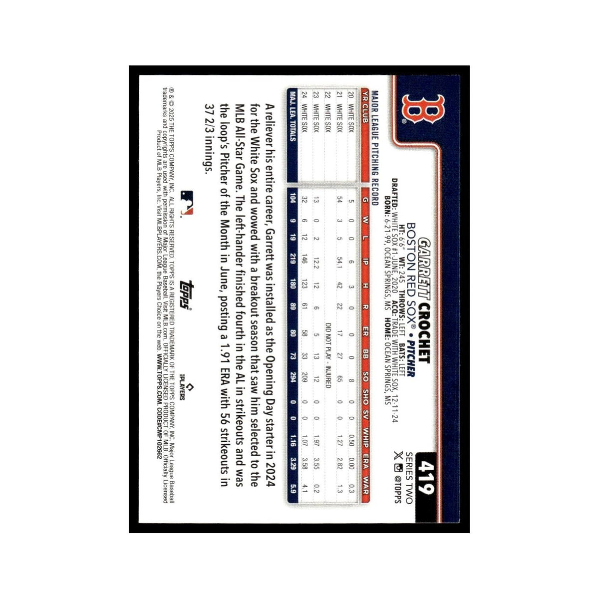 2025 Topps Garrett Crochet Red Sox #419