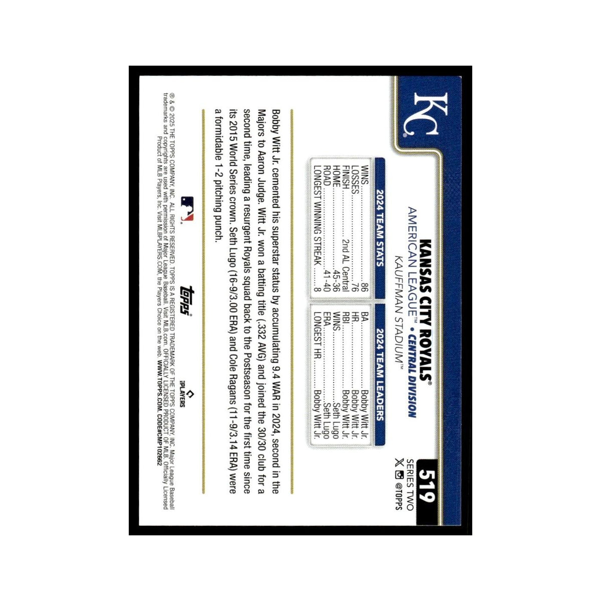 2025 Topps Kansas City Royals Royals #519