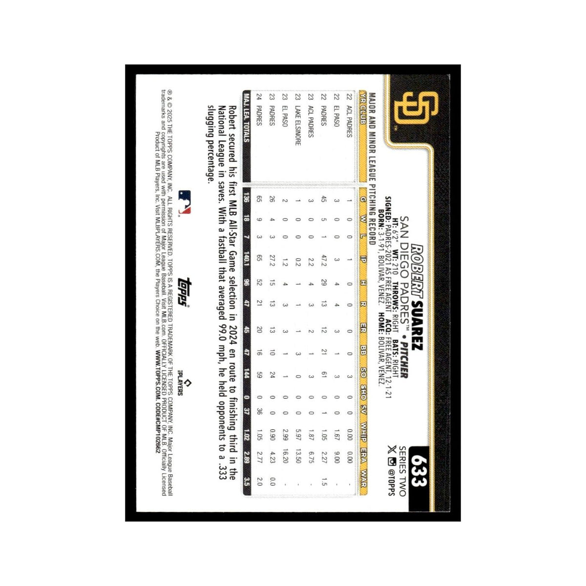 2025 Topps Robert Suarez Padres #633