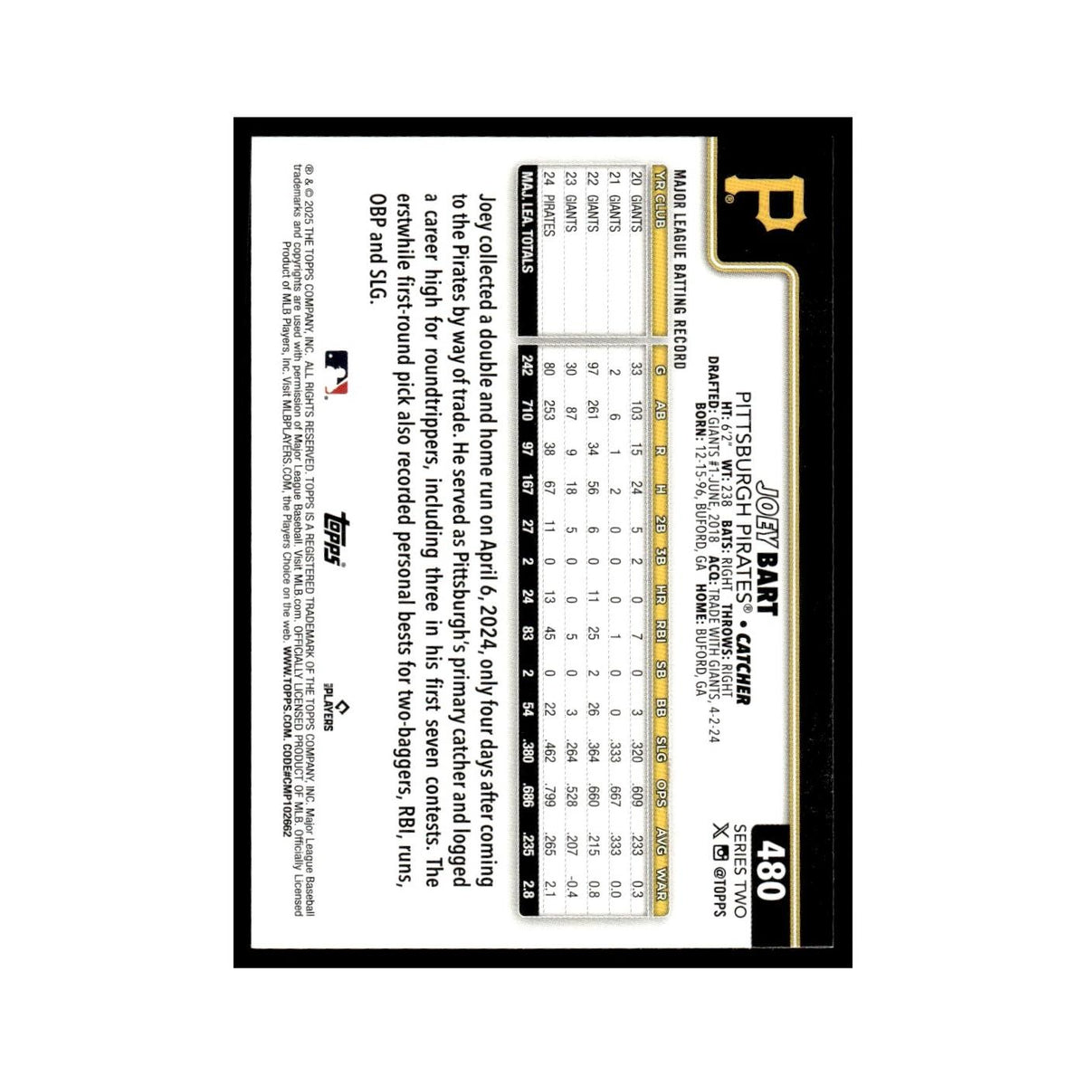 2025 Topps Joey Bart Pirates #480