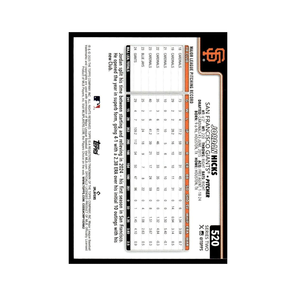2025 Topps Jordan Hicks Giants #520