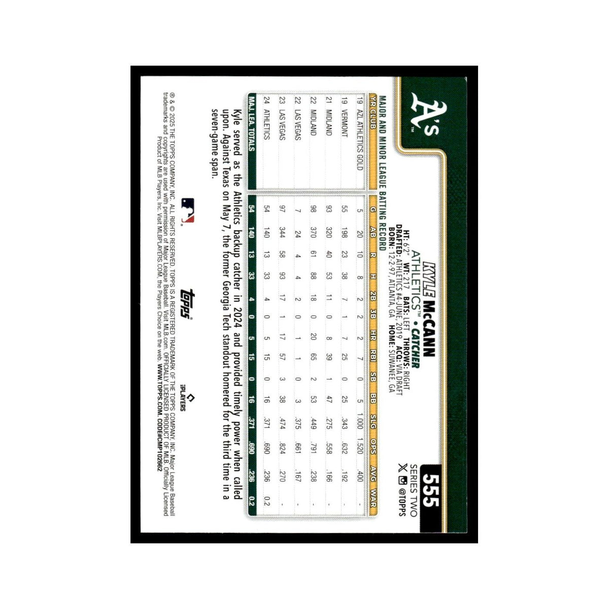 2025 Topps Kyle McCann Athletics #555