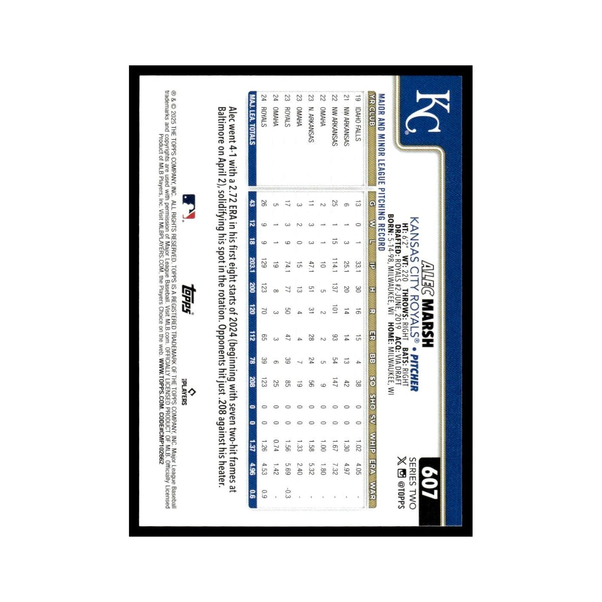 2025 Topps Alec Marsh Royals #607