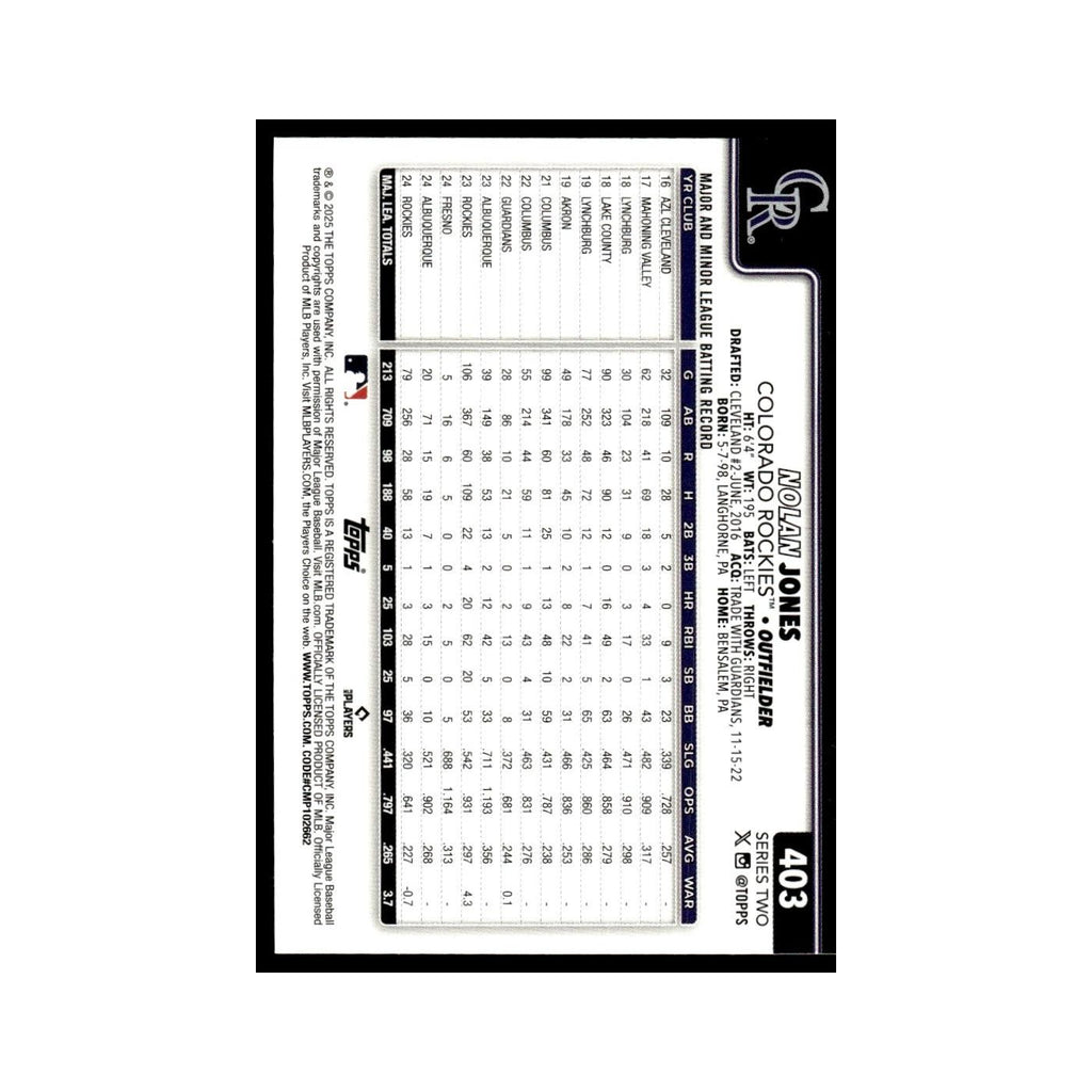 2025 Topps Nolan Jones Rockies #403