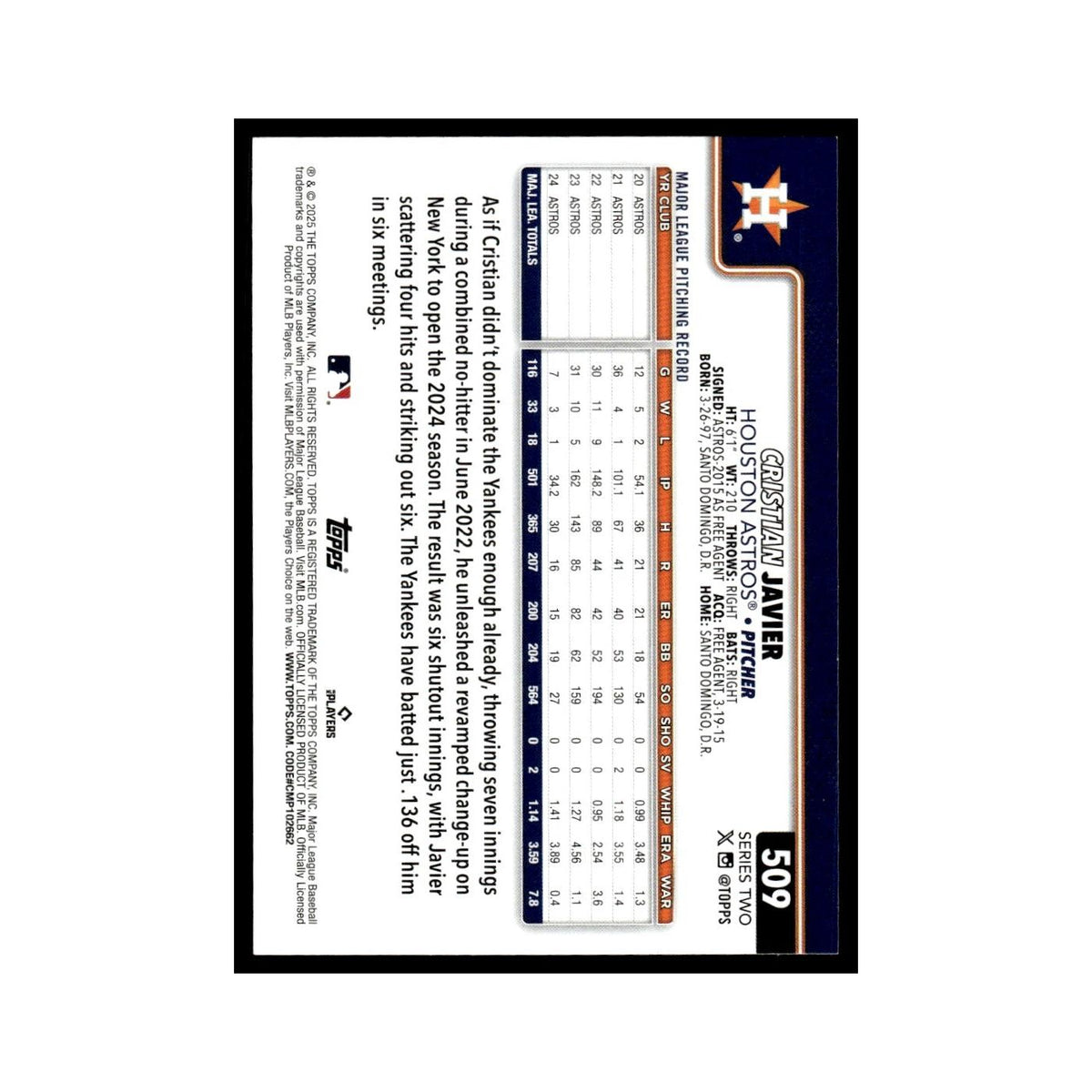 2025 Topps Cristian Javier Astros #509