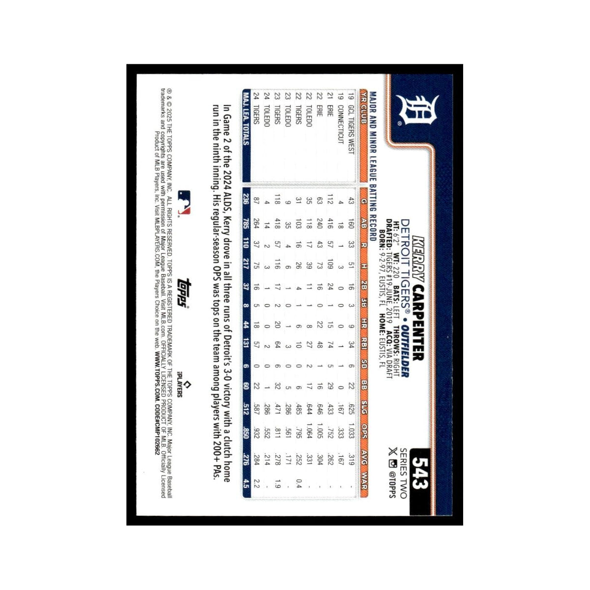 2025 Topps Kerry Carpenter Tigers #543