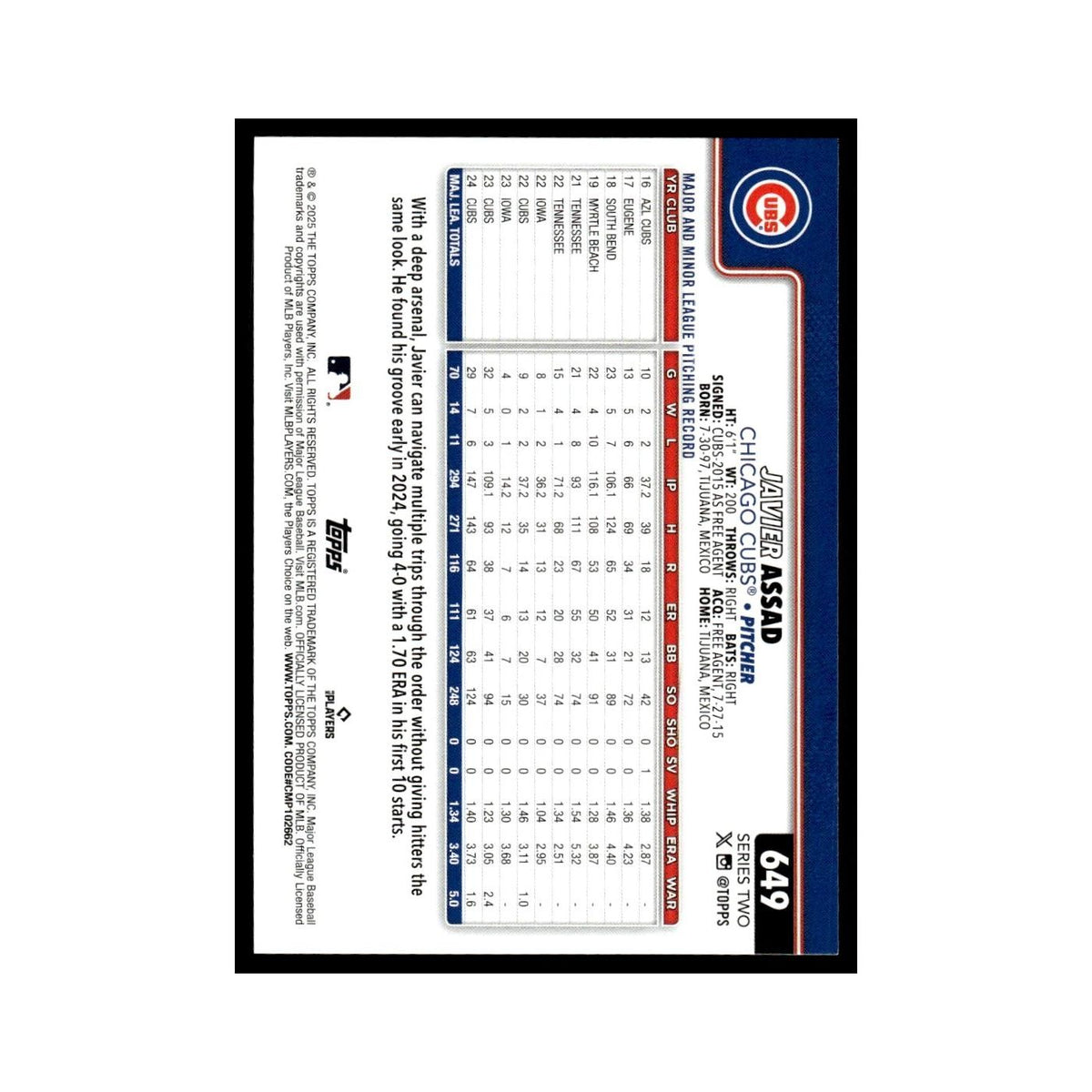 2025 Topps Javier Assad Cubs #649