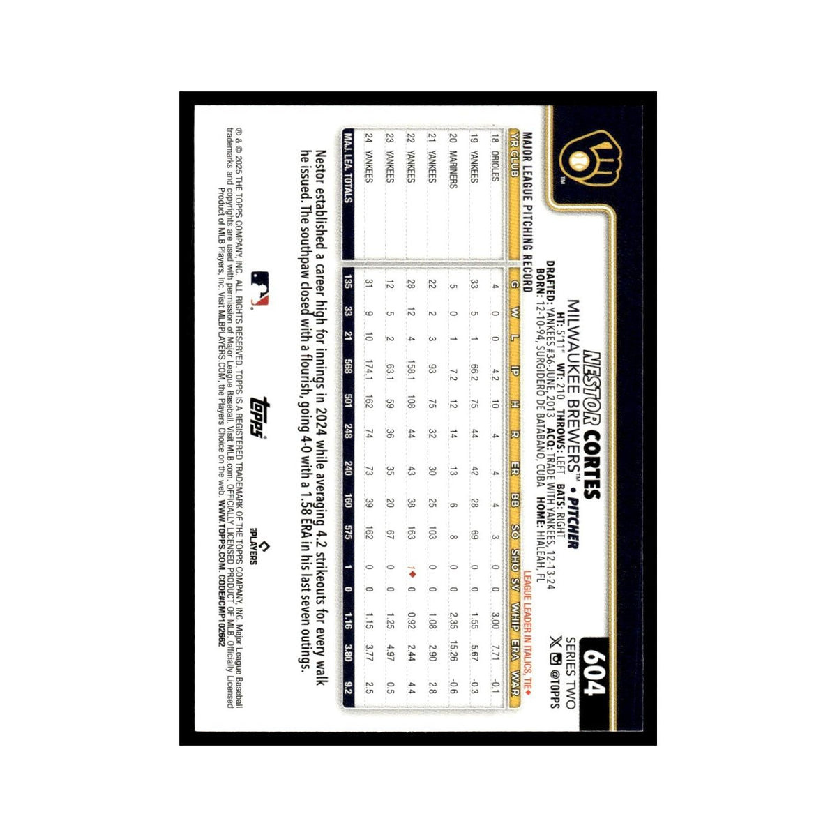 2025 Topps Nestor Cortes Brewers #604